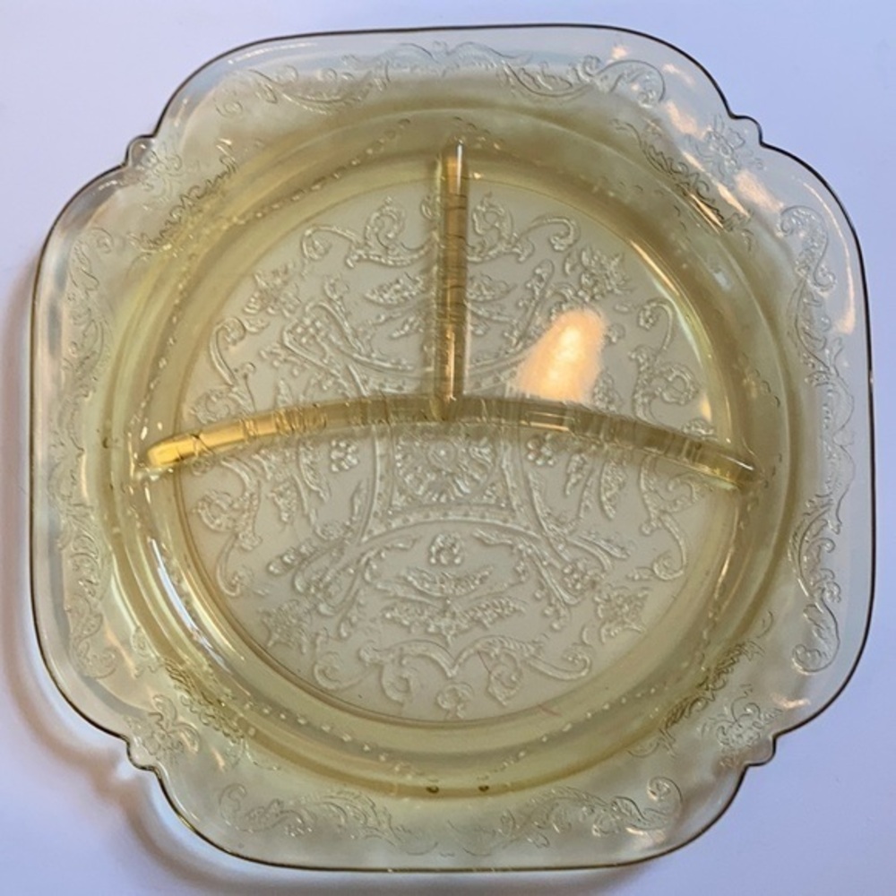 Exquisite pair Vintage deep gold sectional depression etched glass plates